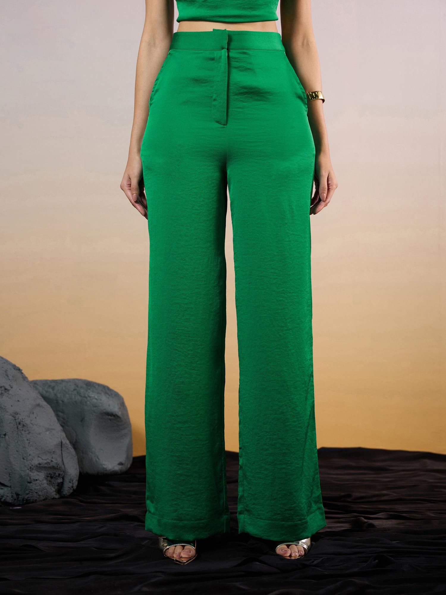 green high waist solid loose fit satin pants