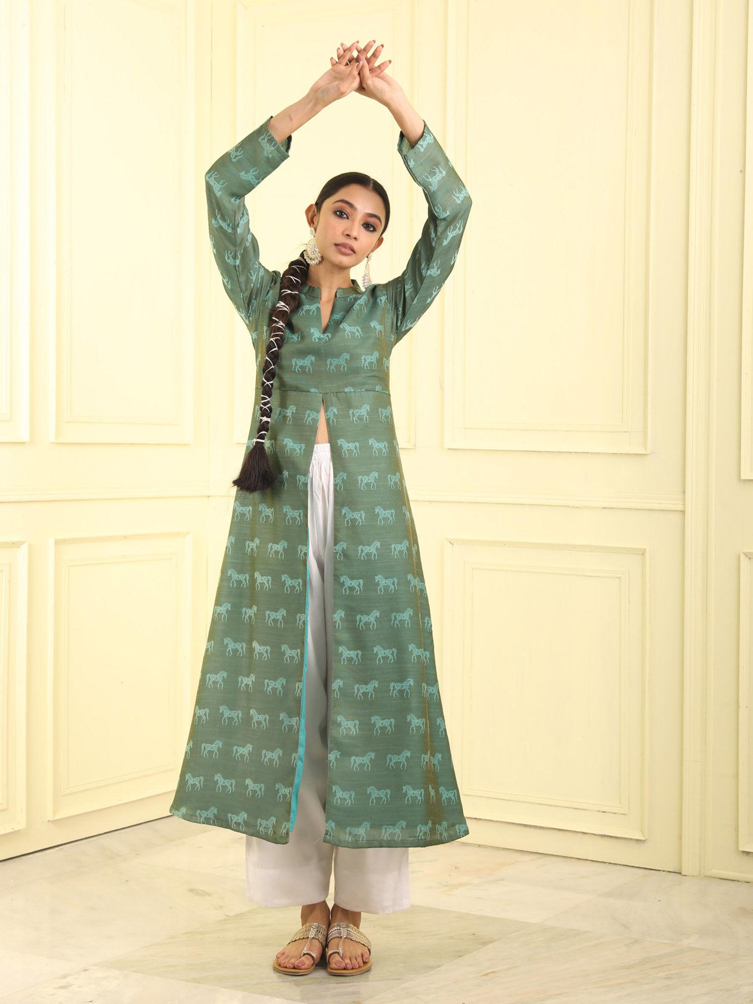 green horse jacquard kurta