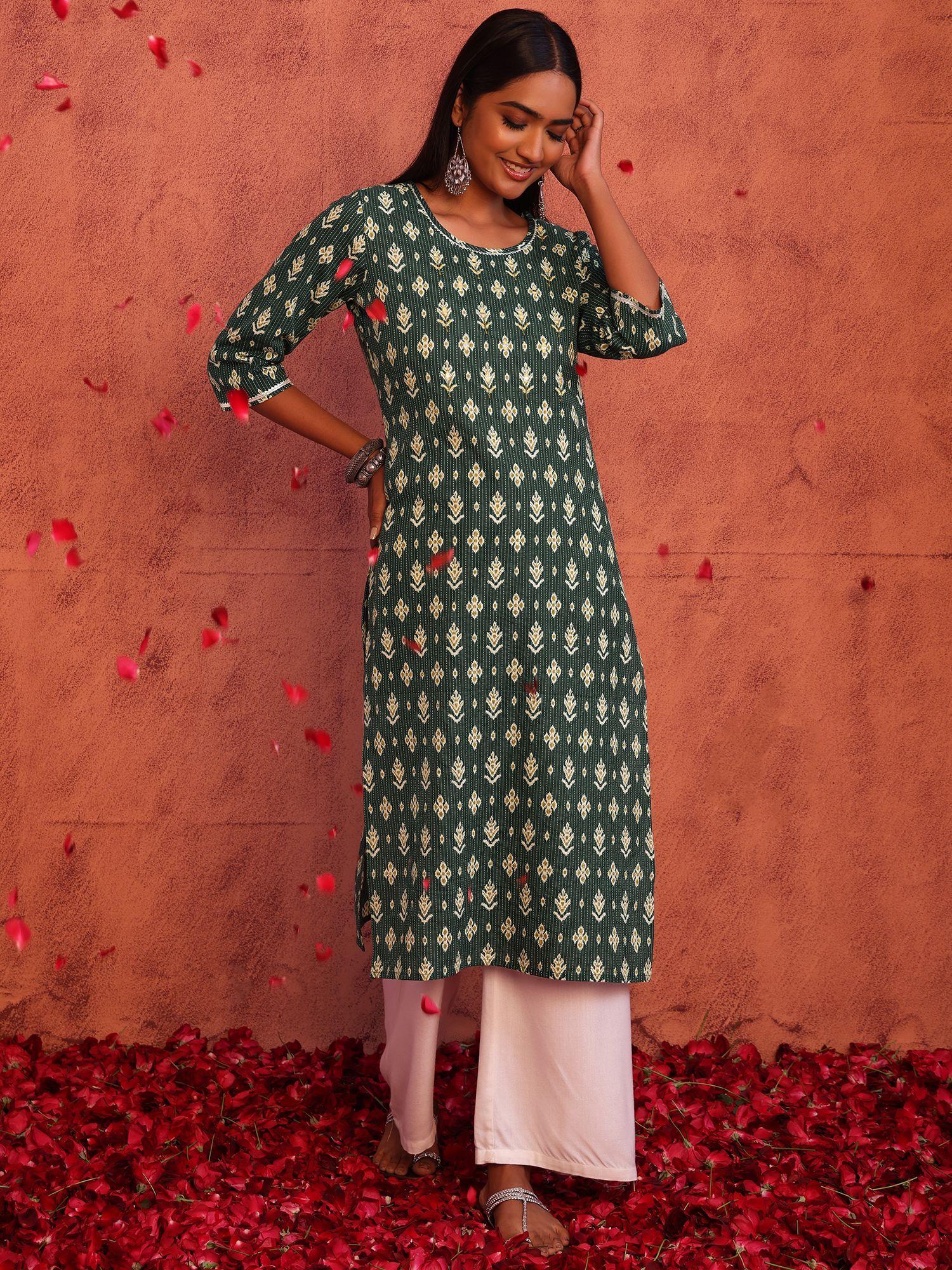 green ikat print cotton straight kurta