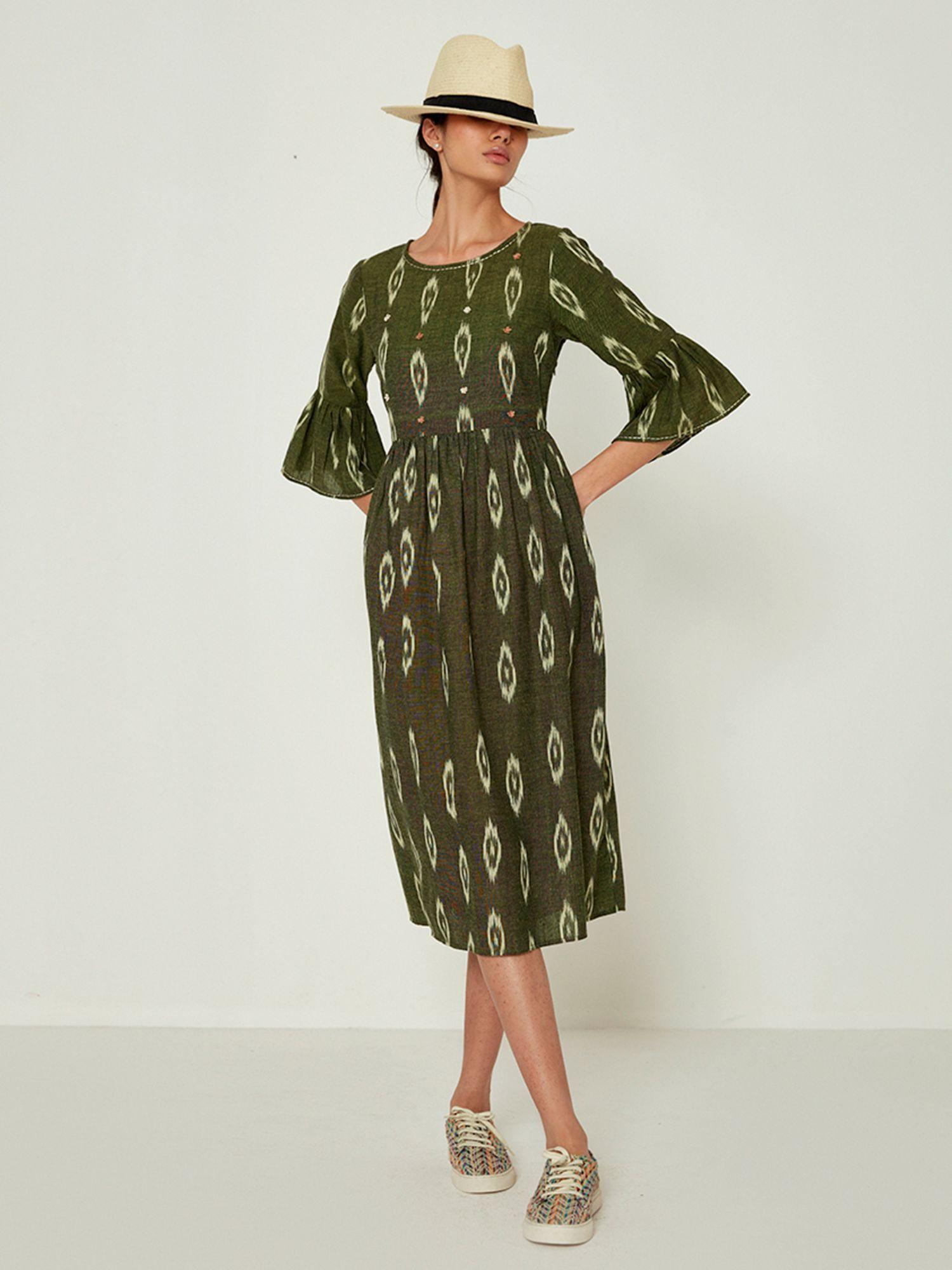 green ikat print dress