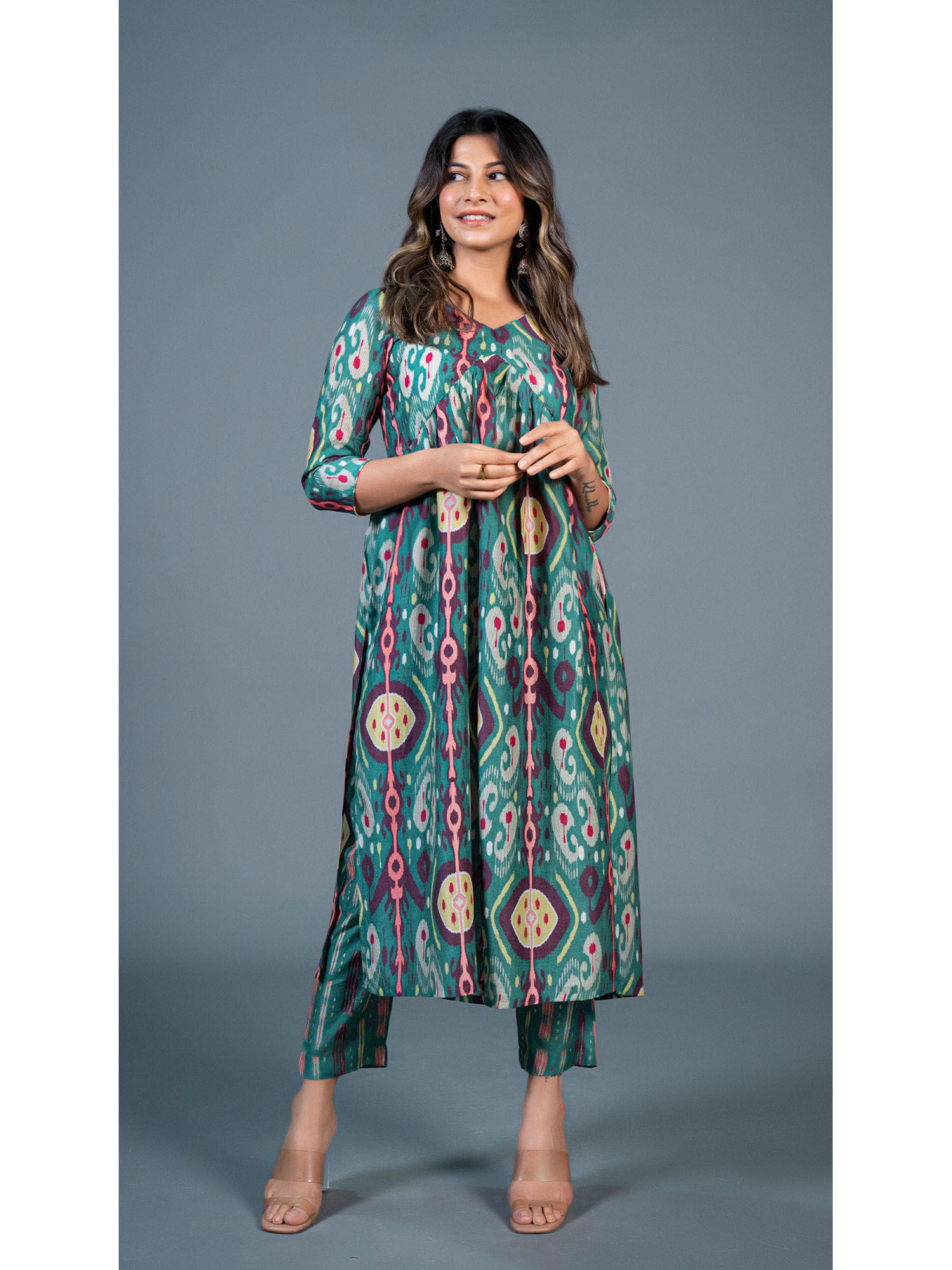 green ikat print pleated kurta in cotton silk (set of 2)