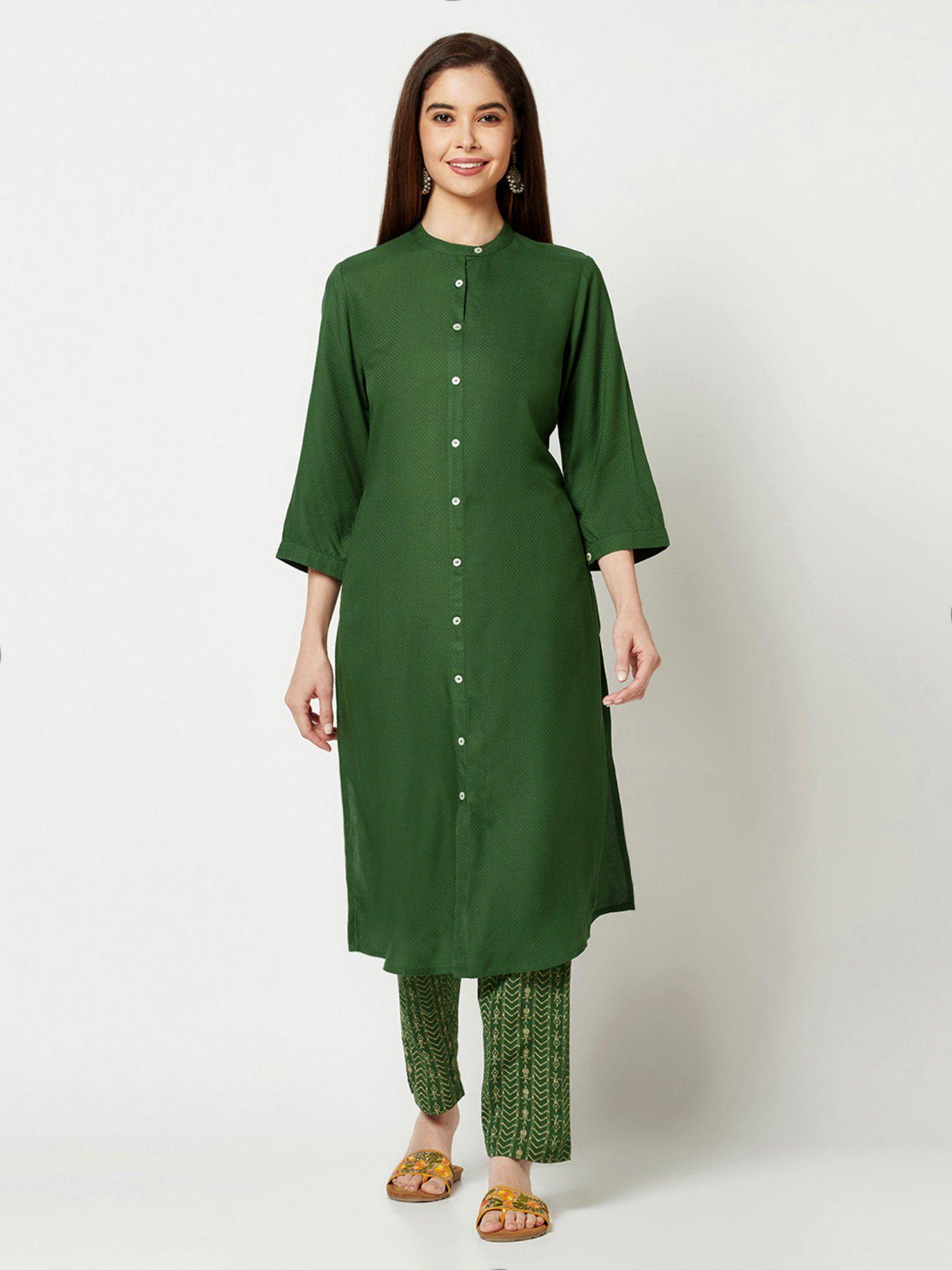 green ikat print straight kurta with pant (set of 2)