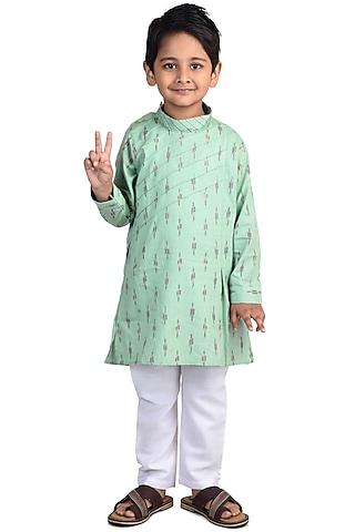 green ikat printed kurta set for boys