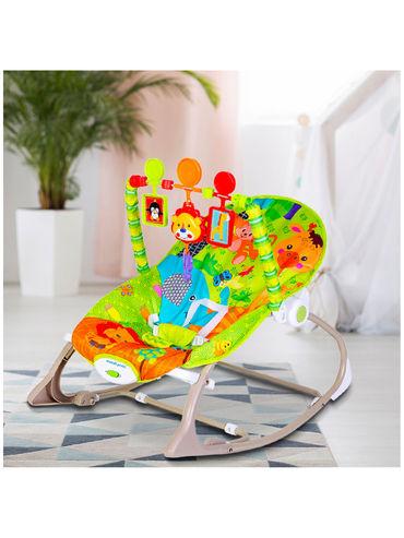 green infant to toddler happy baby bouncer with hanging toys green