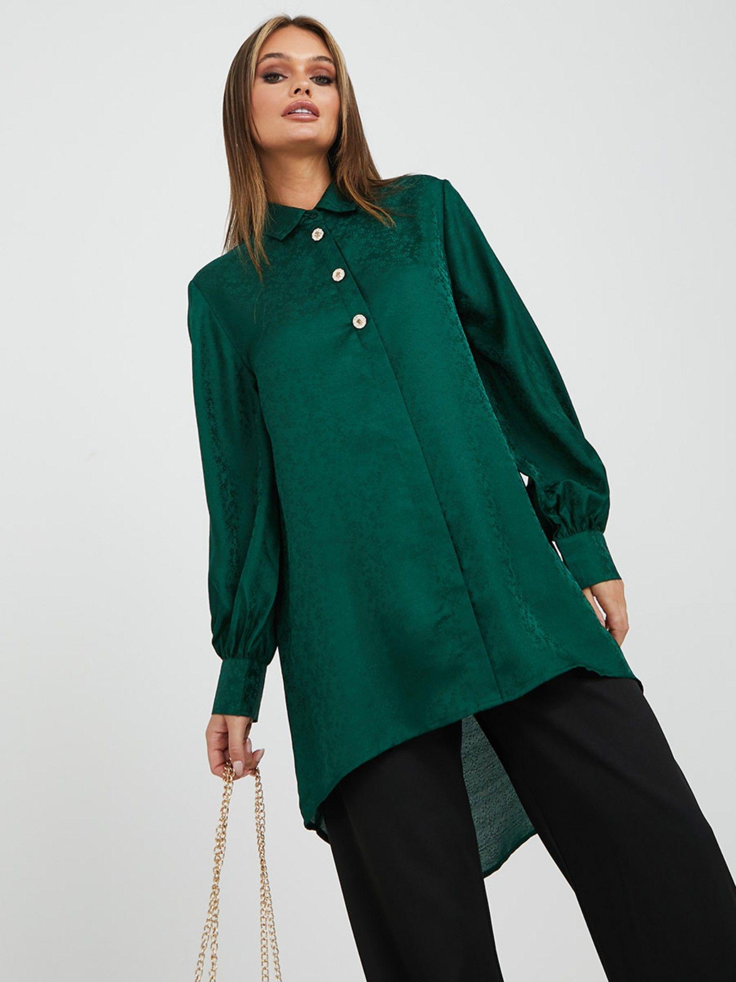 green jacquard button up long sleeve collared longline tunic
