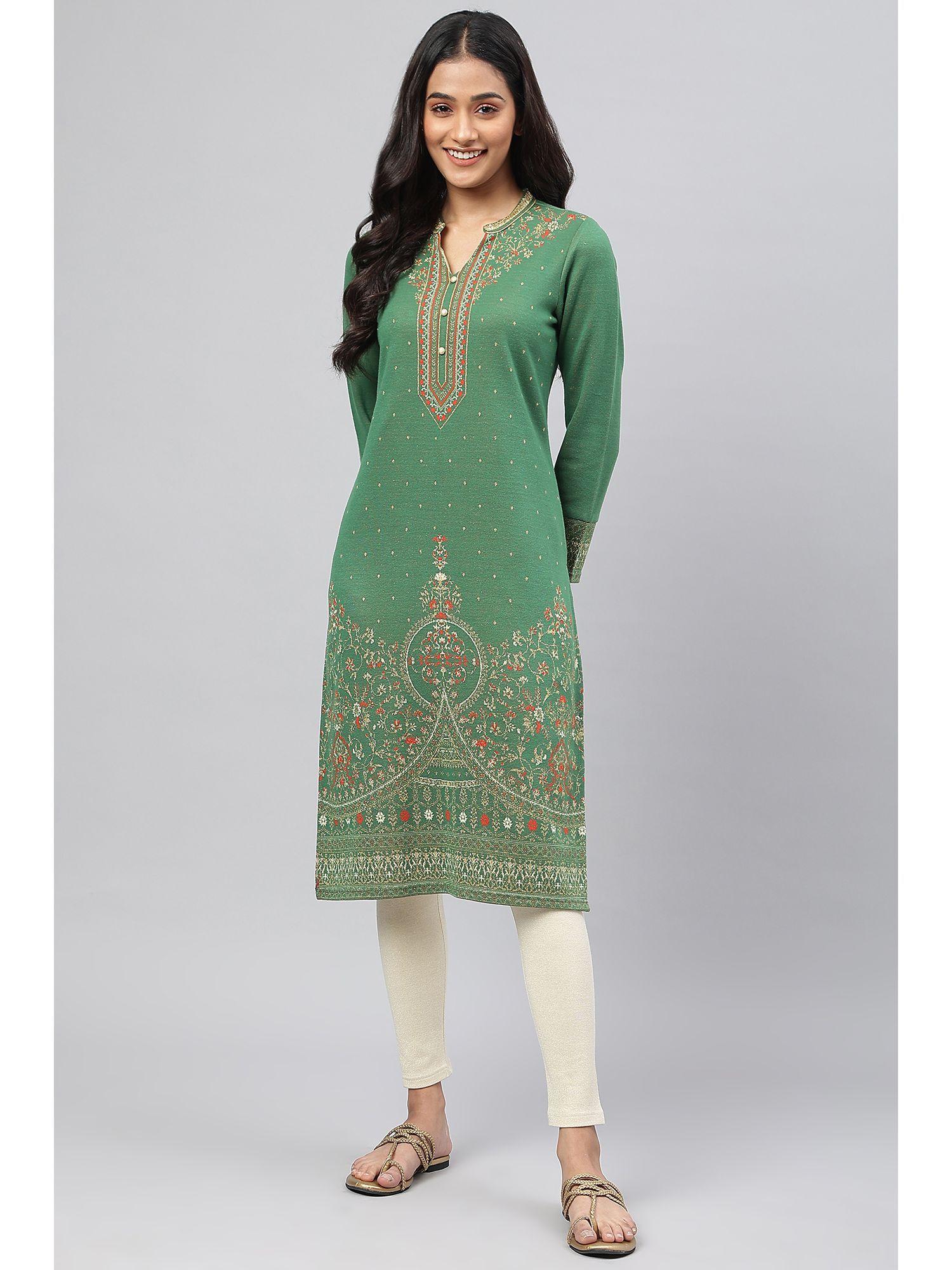 green jacquard winter kurta