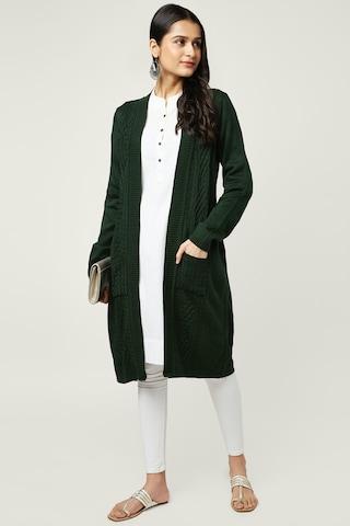green jacquard winter wear full sleeves front open women regular fit cape