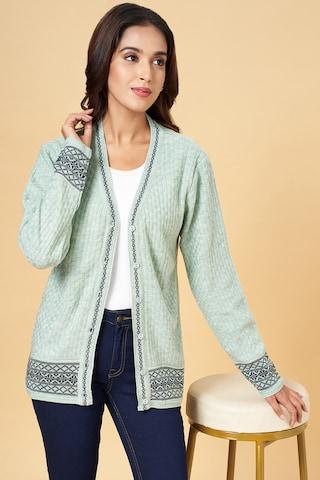 green jacquard winter wear full sleeves v neck women regular fit cardigan