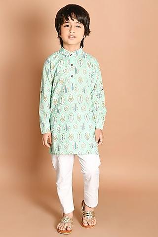 green jaipuri printed kurta set for boys