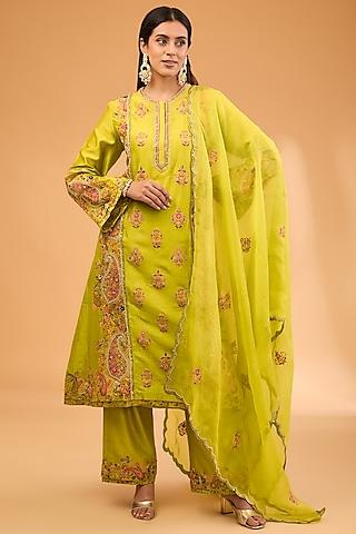 green jamawar chanderi paisley embroidered a-line kurta set