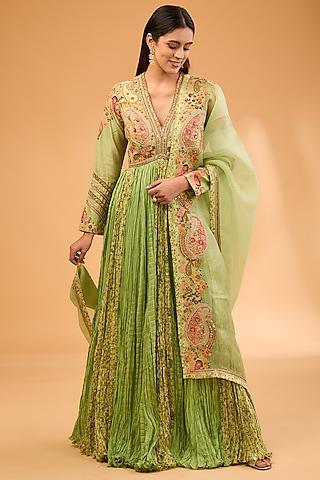 green jamawar printed kalidar anarkali set