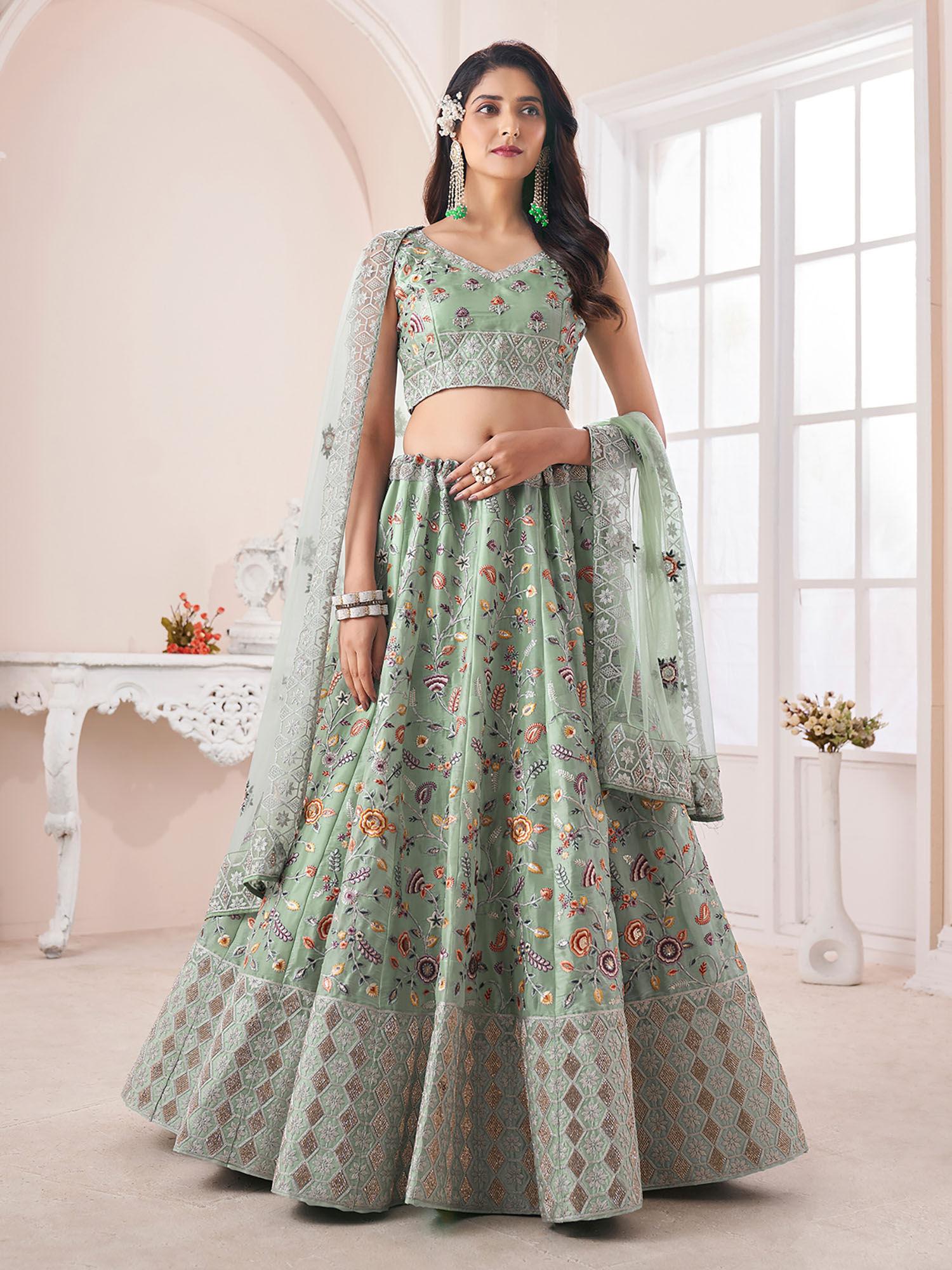 green jimmy chu embroidered semi stitched lehenga with unstitched blouse (set of 3)