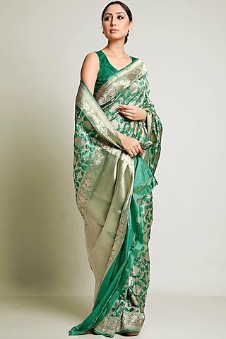 green kadhwa jangla saree set