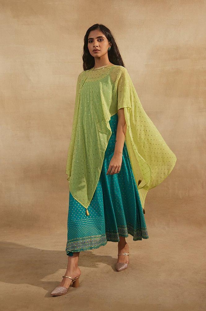 green kaftan sleeves cape and sleeveless dress