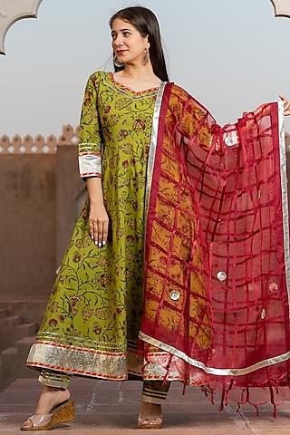 green kalamkari printed kurta set