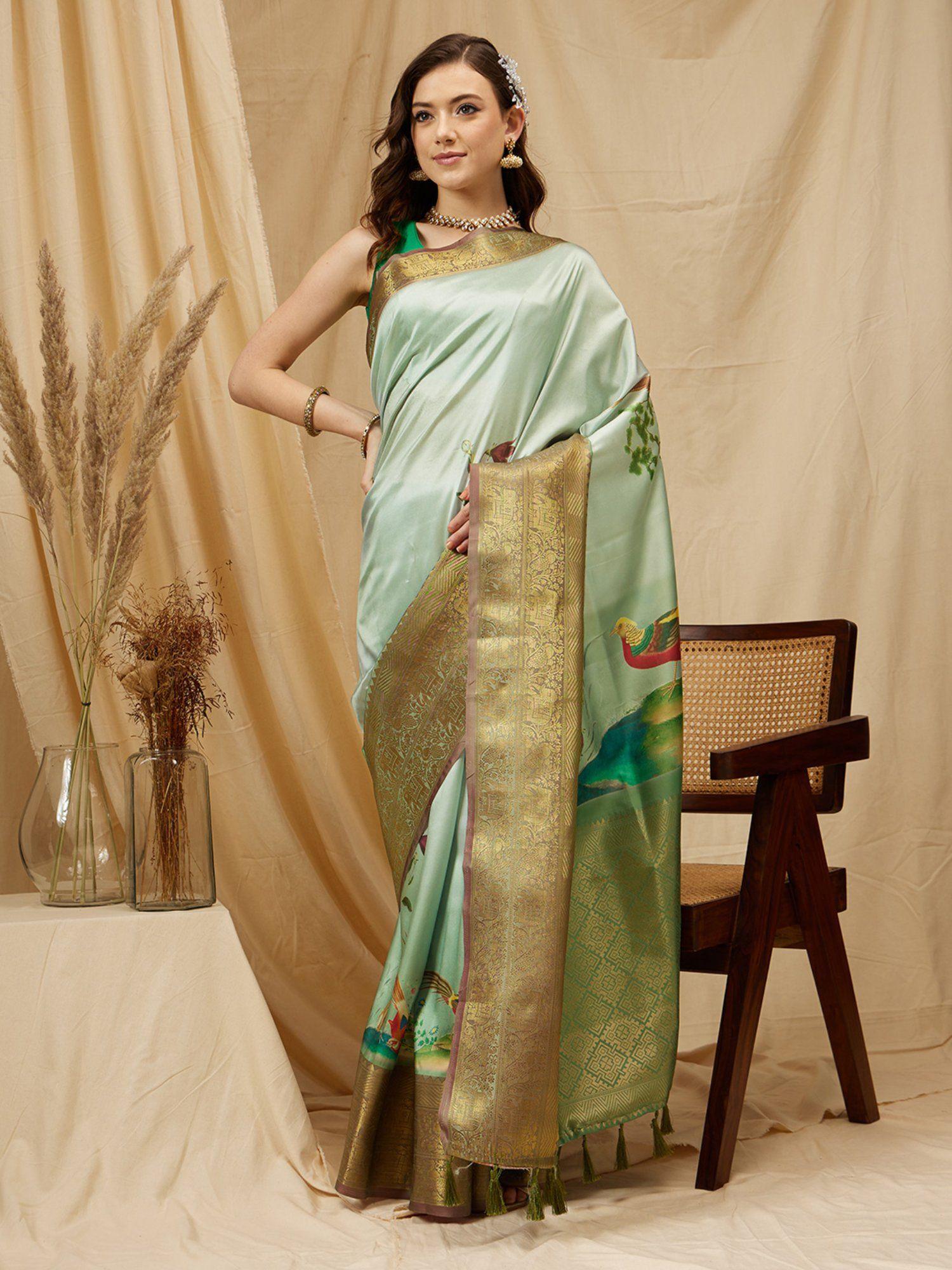 green kanjeevaram soft silk printed saree with tassel and unstitched blouse