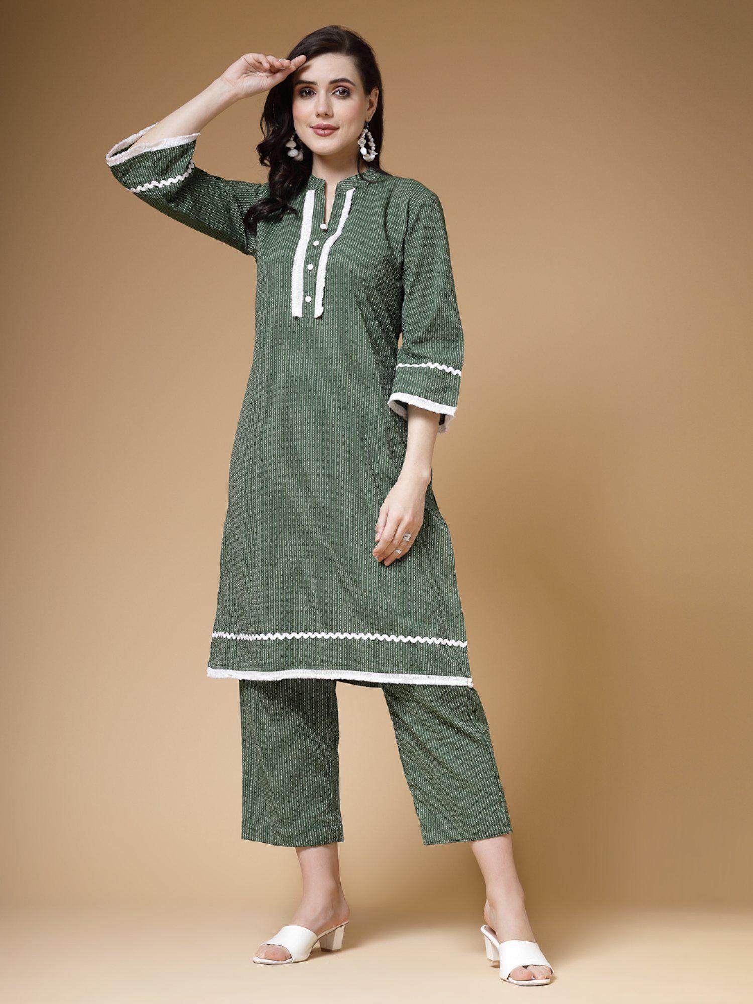 green kantha cotton kurta with pants (set of 2)