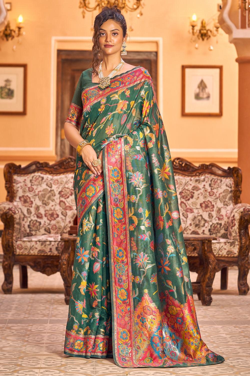 green kashmiri handloom silk saree