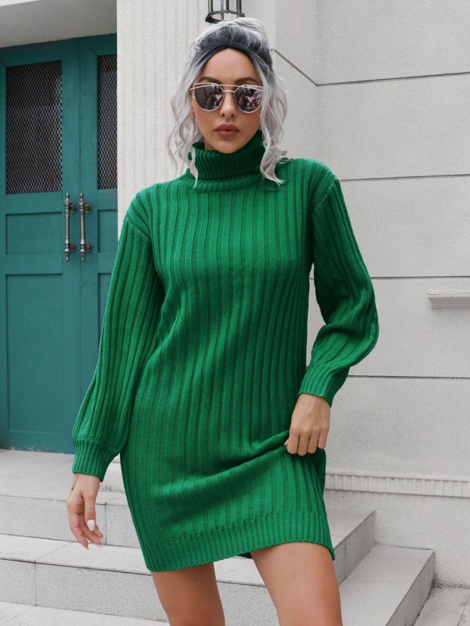 green knitted turtle neck sweater dress