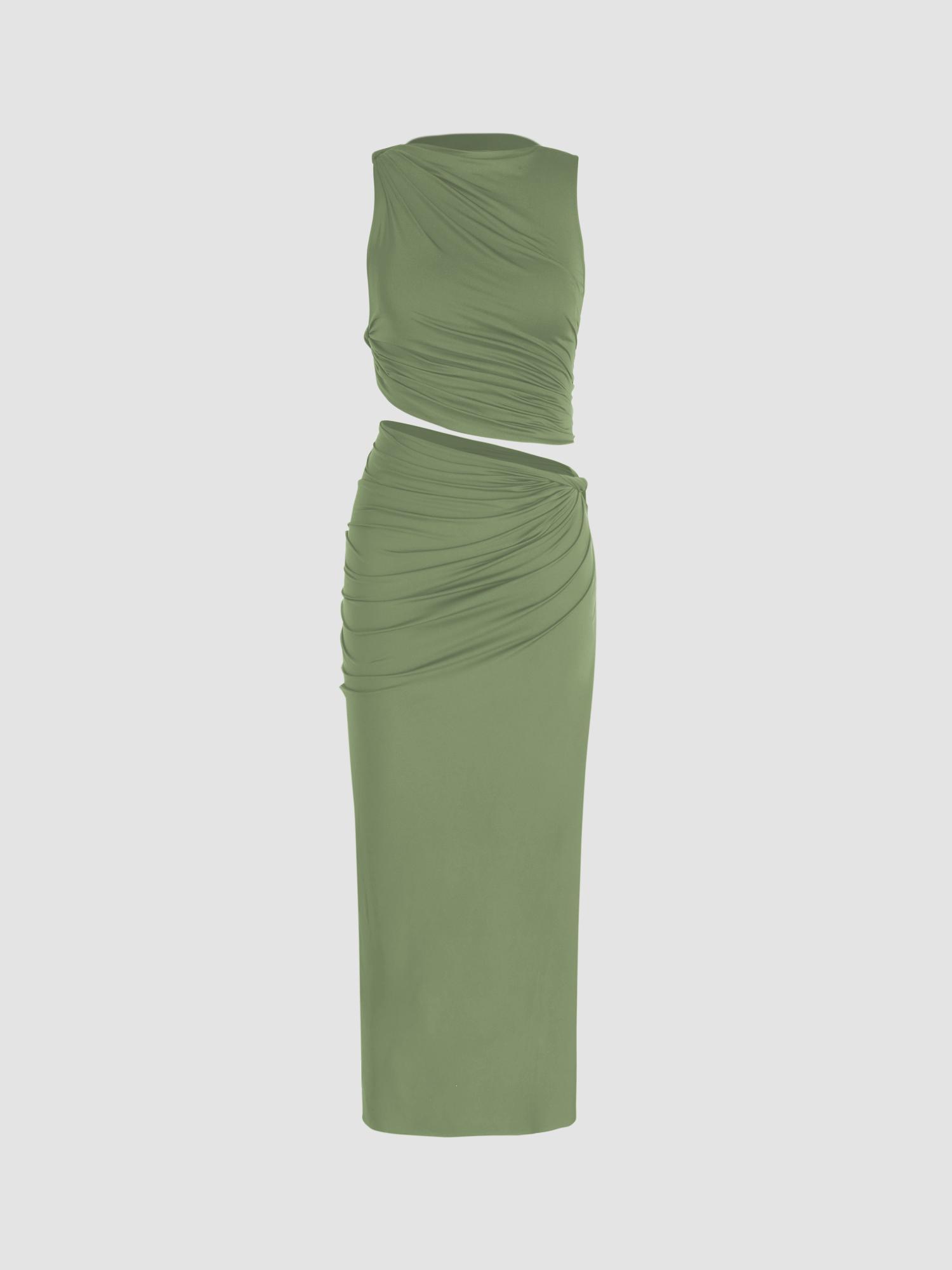 green knotted ruched crop tank top and maxi skirt (set of 2)