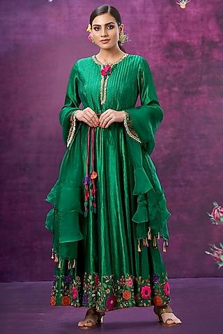 green kora silk embroidered anarkali set