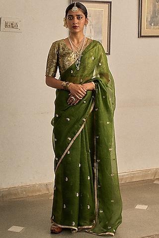 green kota silk marori & kiran lace hand embroidered saree set