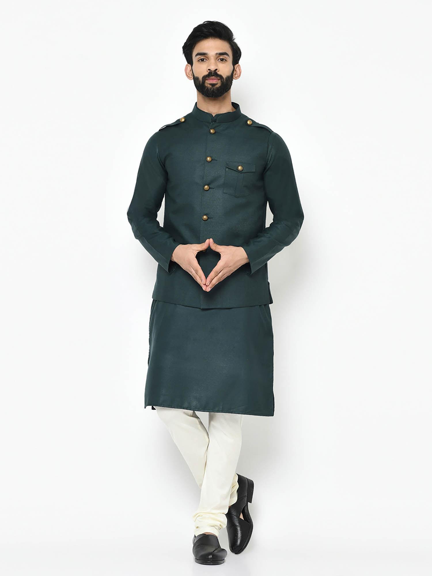 green kurta & jacket with churidar (set of 3)