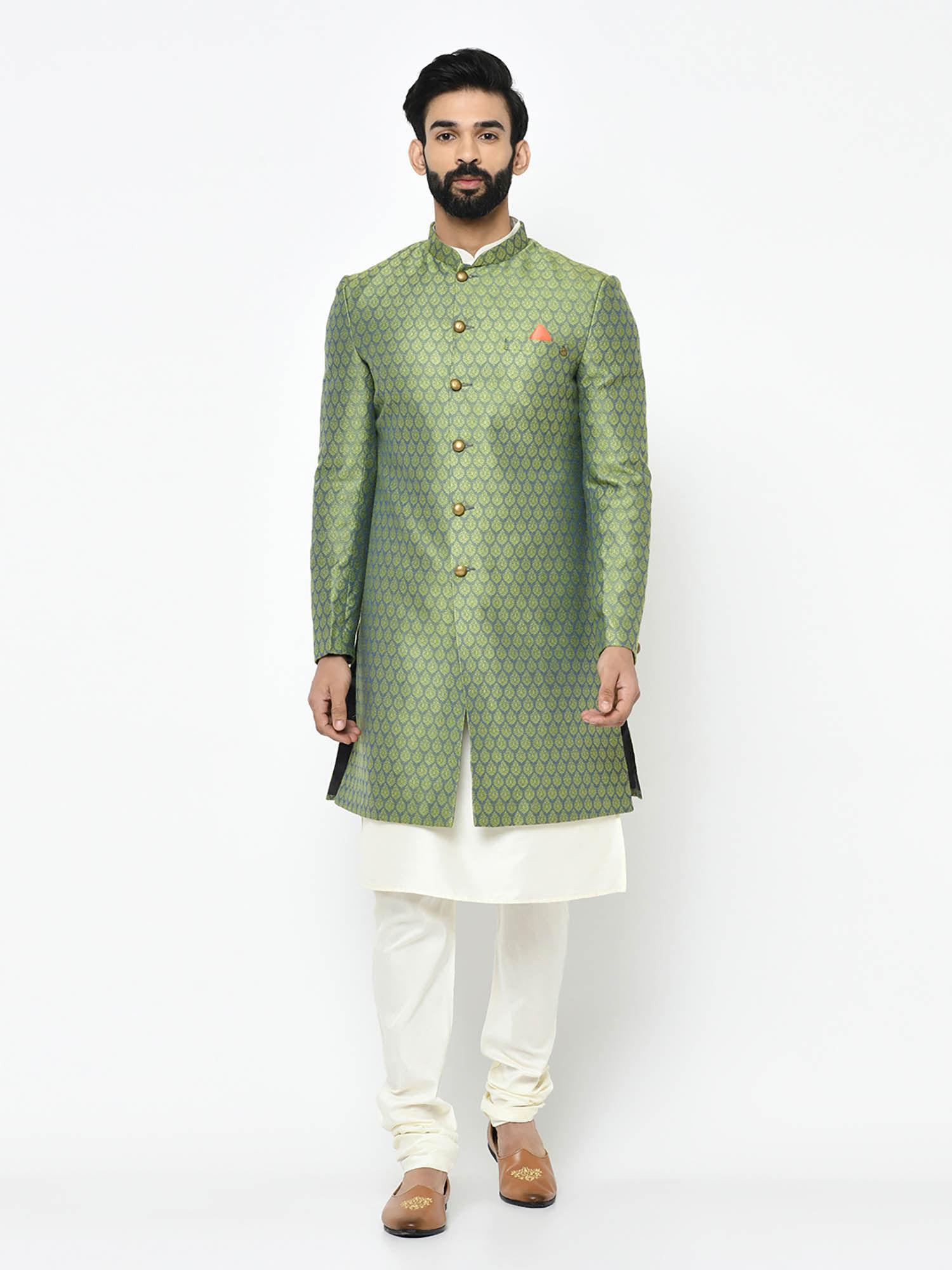 green kurta & sherwani with churidar (set of 3)