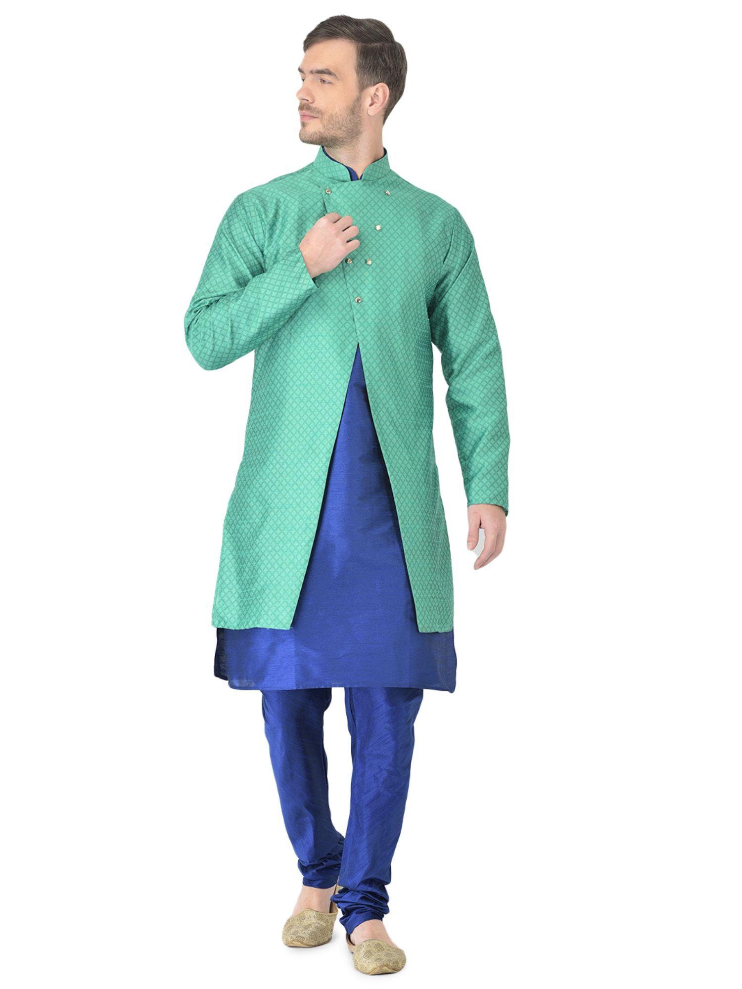 green kurta set with jacket for men (set of 3)