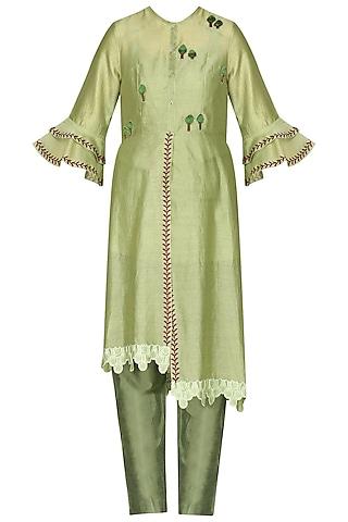 green laser cut embroidered tunic with pants