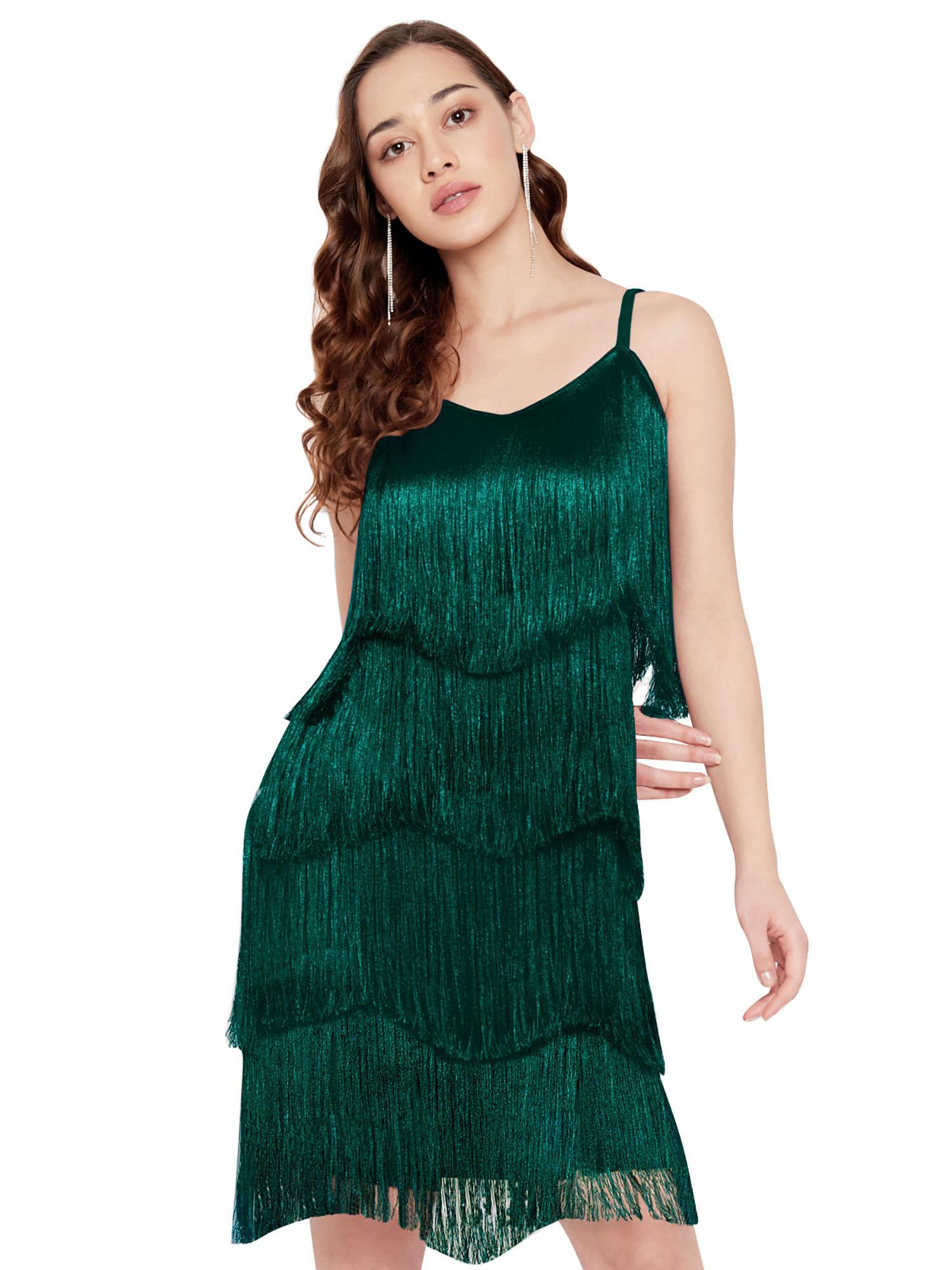 green layered fringe bodycon dress