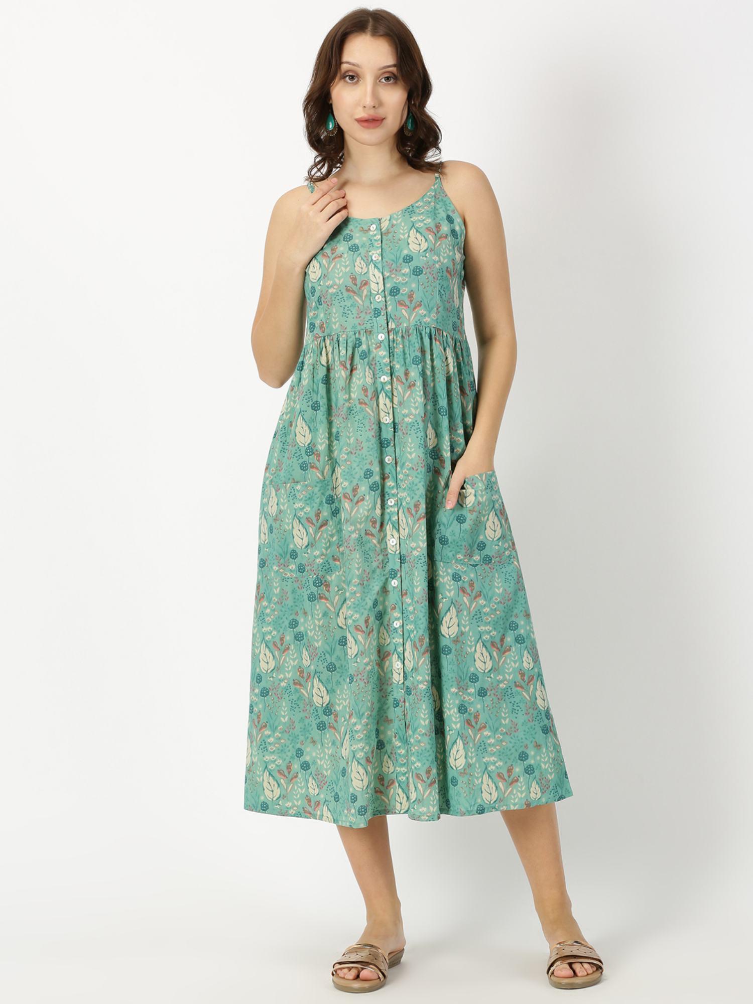 green leaf print button down strappy midi dress