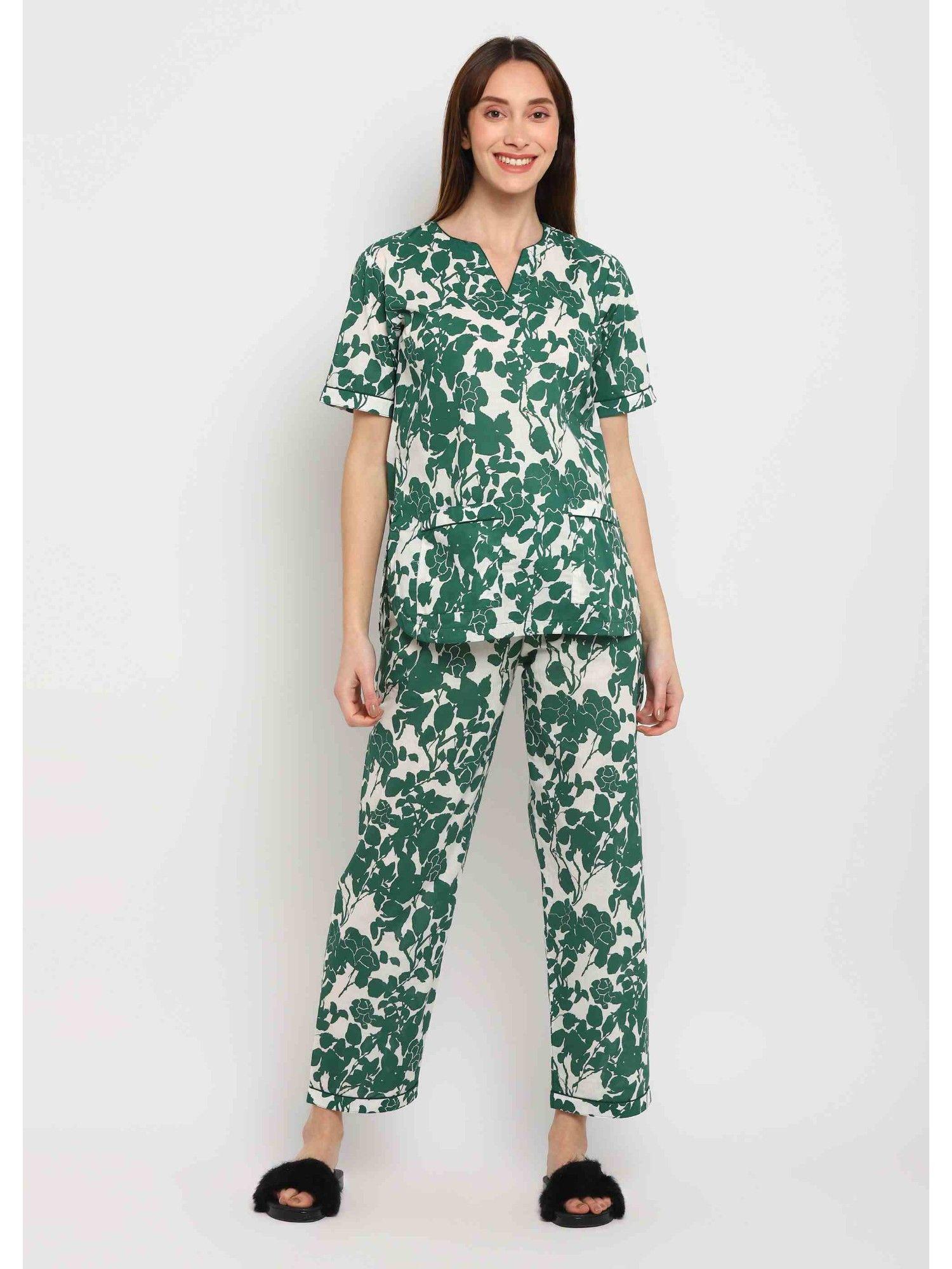 green leaf print short sleeve womens night suit (set of 2)