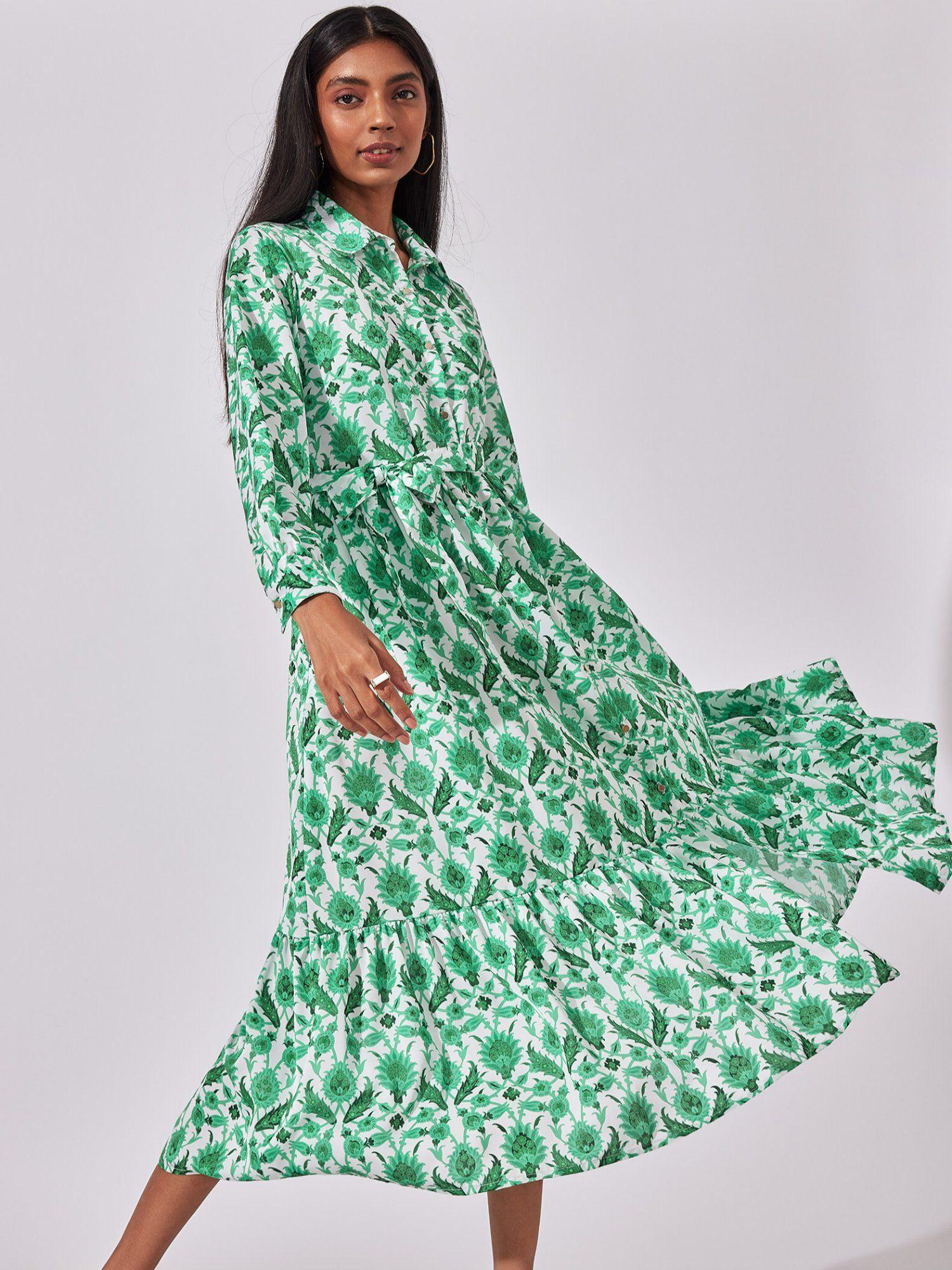 green leaf print tiered midi dress with belt (set of 2)