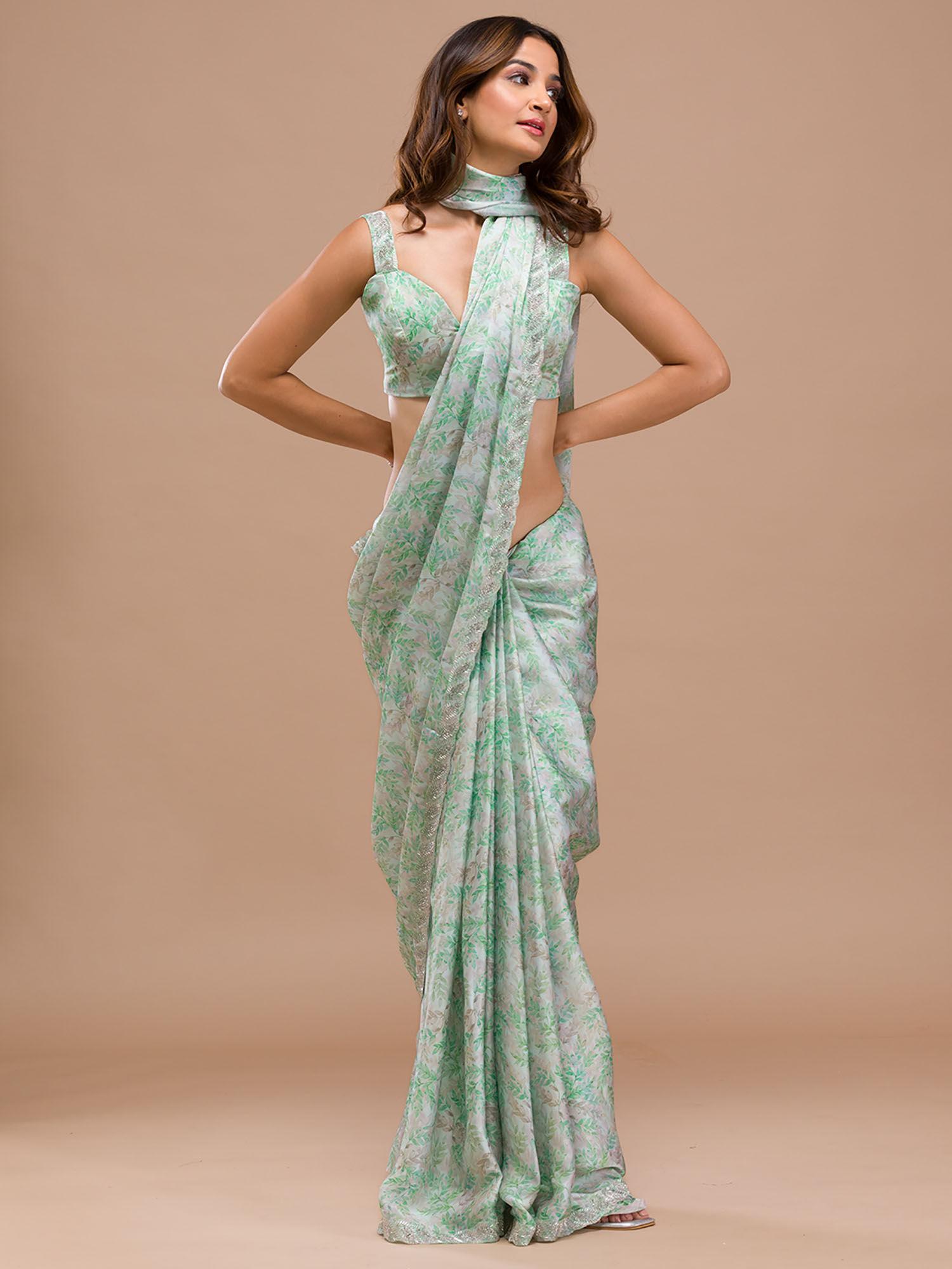 green leaf printed satin saree with unstitched blouse