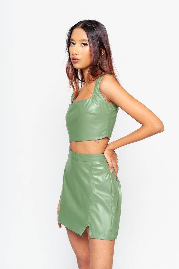 green leather top-skirt set