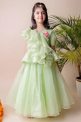 green lehenga set in organza for girls