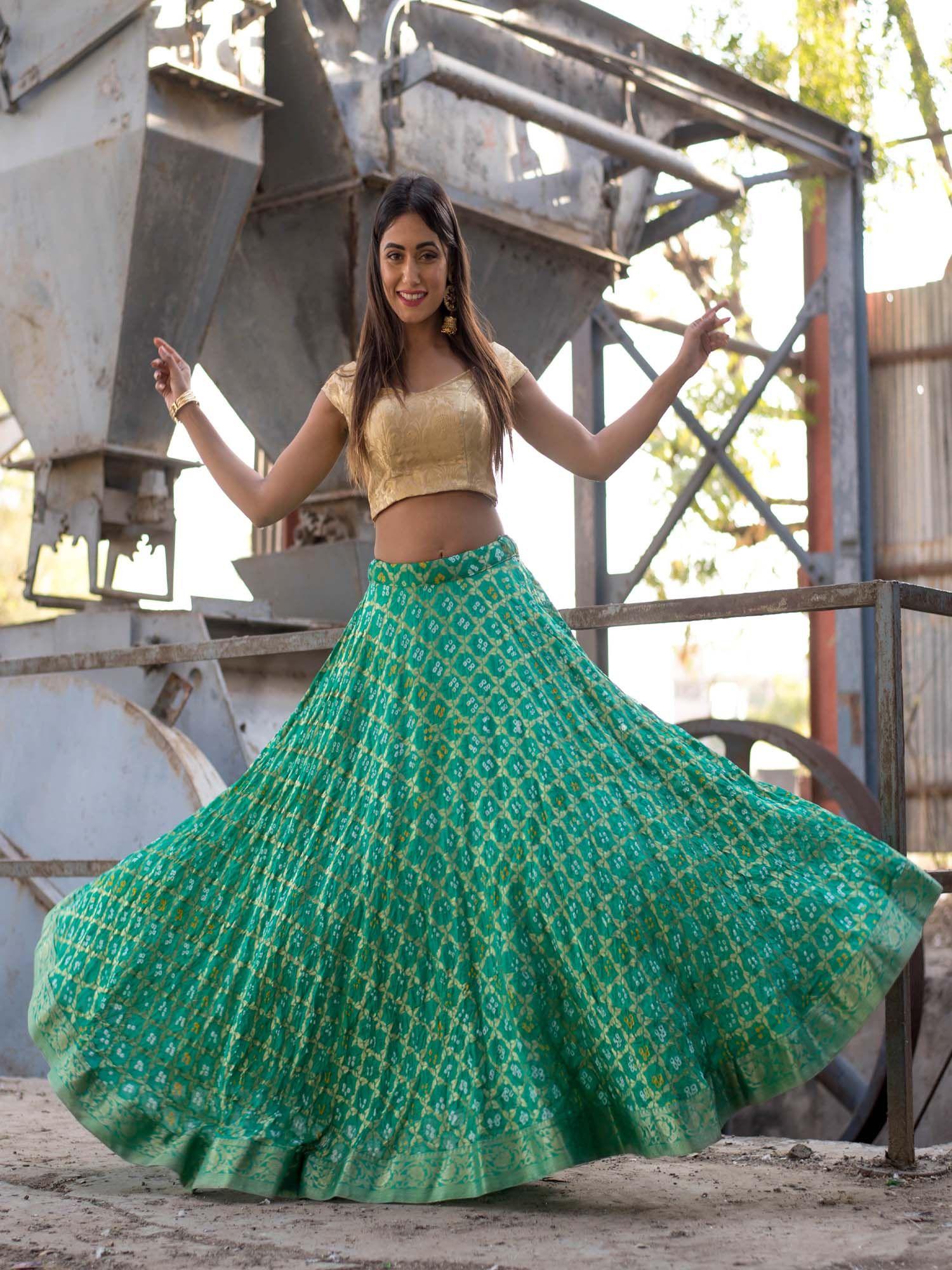 green lehenga with banarasi off shoulder blouse