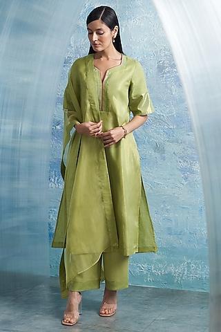 green linen & cotton shimmer a-line kurta set
