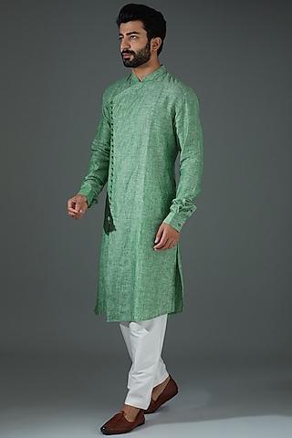 green linen asymmetrical kurta set