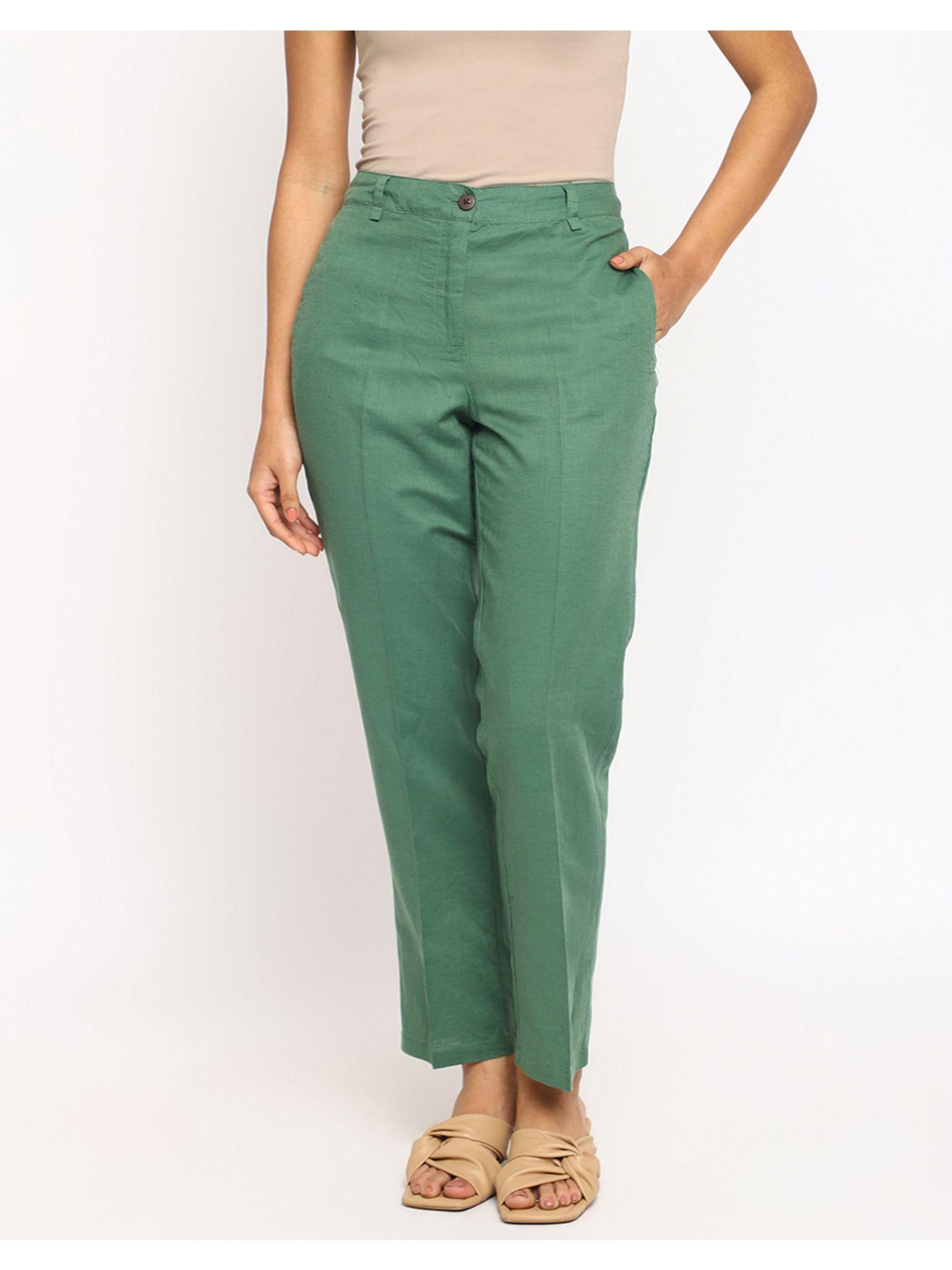 green linen blend slim fit formal pant