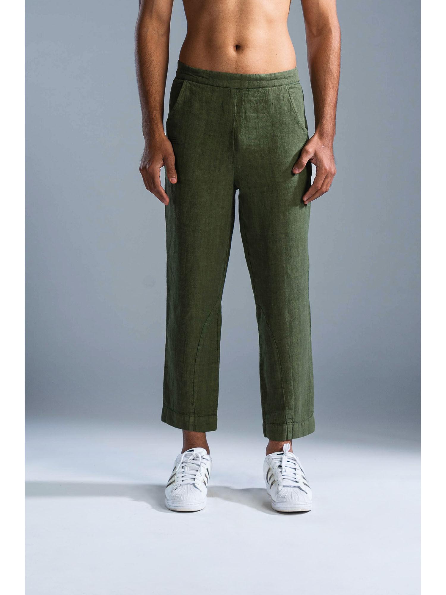 green linen drop crotch trouser