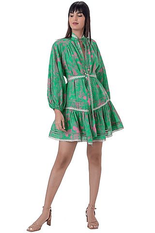 green linen floral printed mini dress with belt