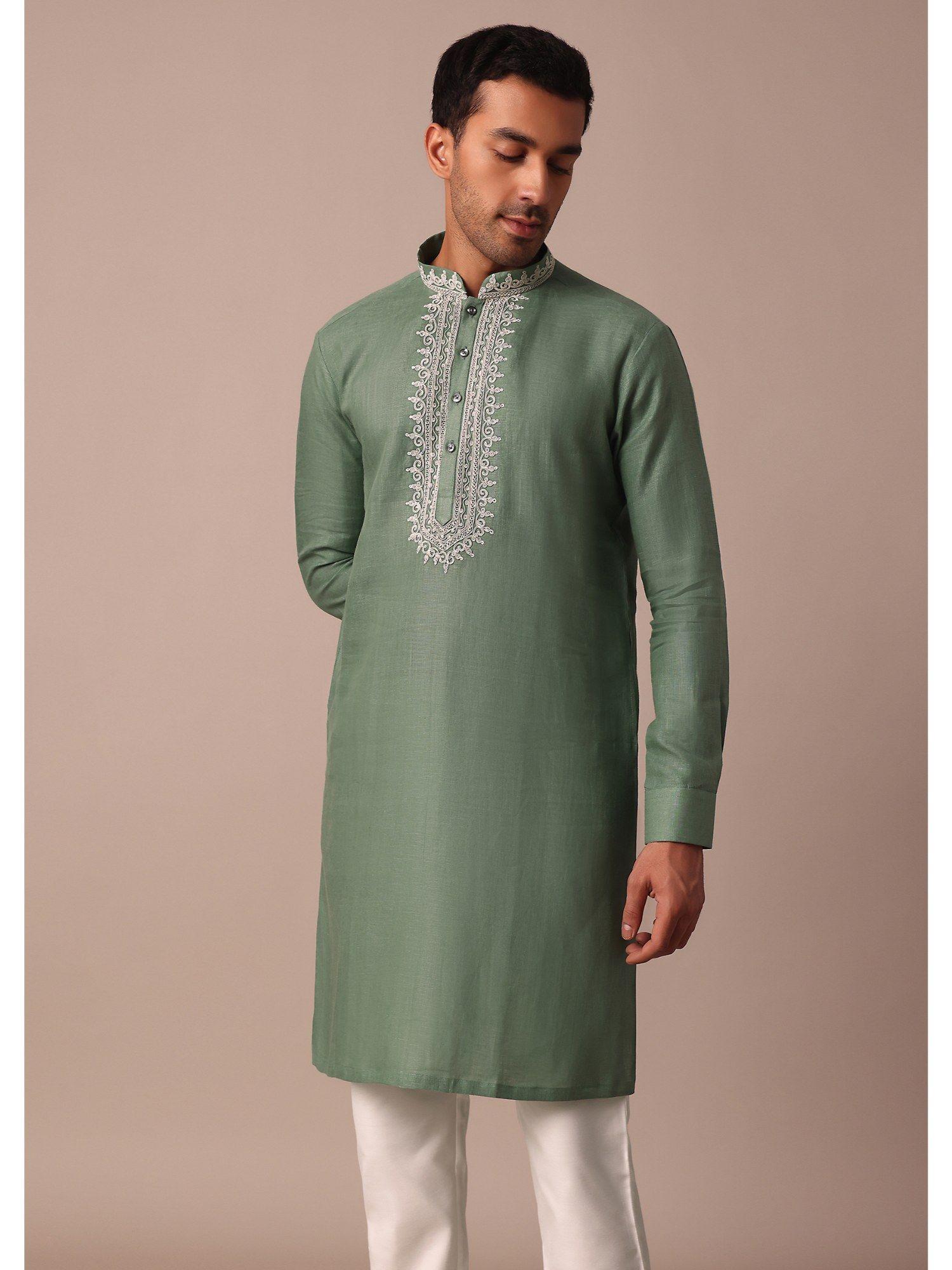 green linen kurta with thread resham yoke