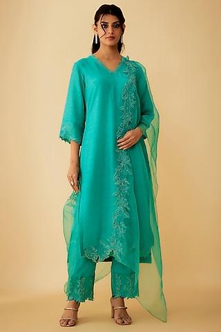 green linen silk applique embroidered kurta set