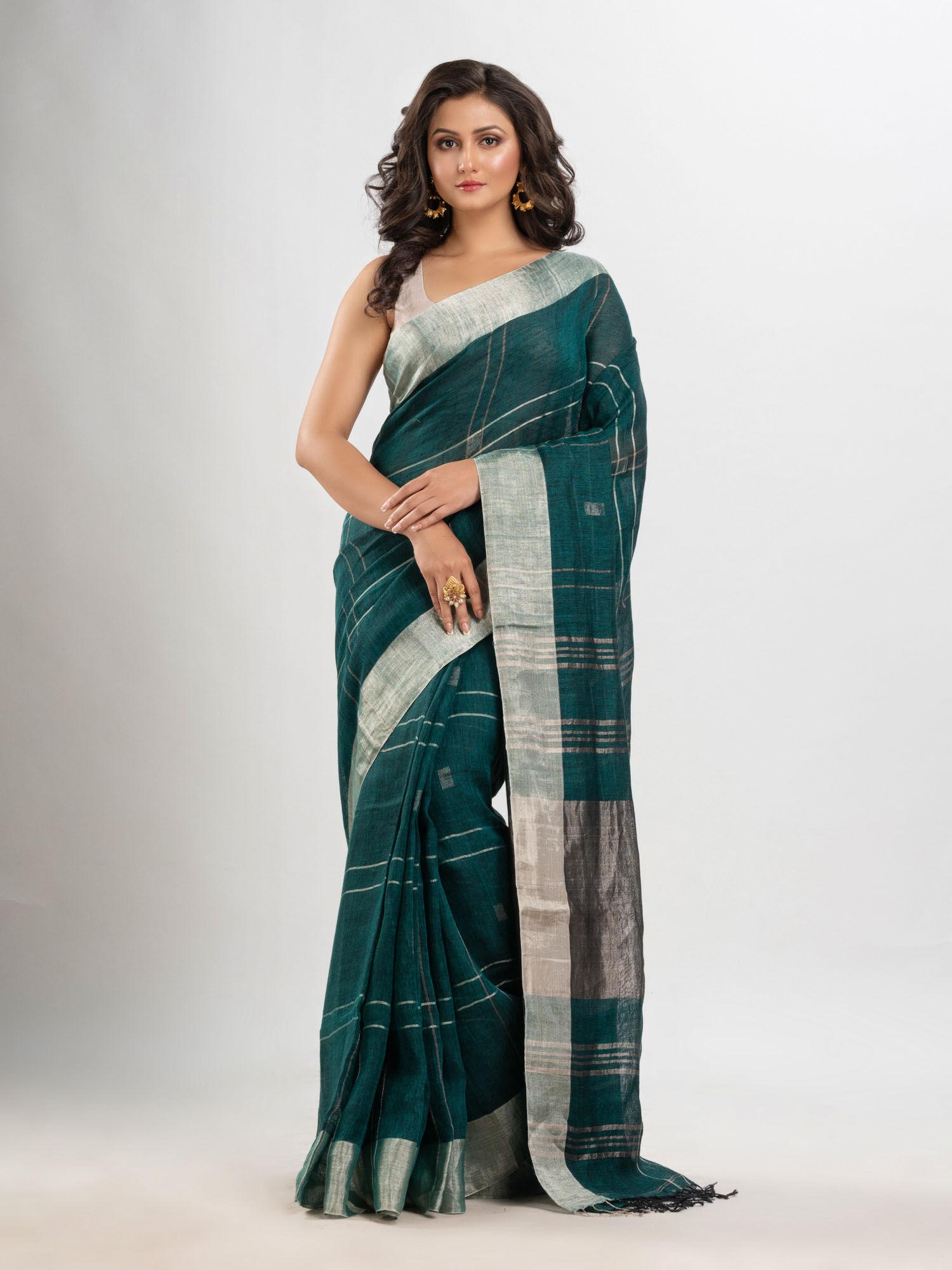 green linen stripes woven saree with unstitched blouse