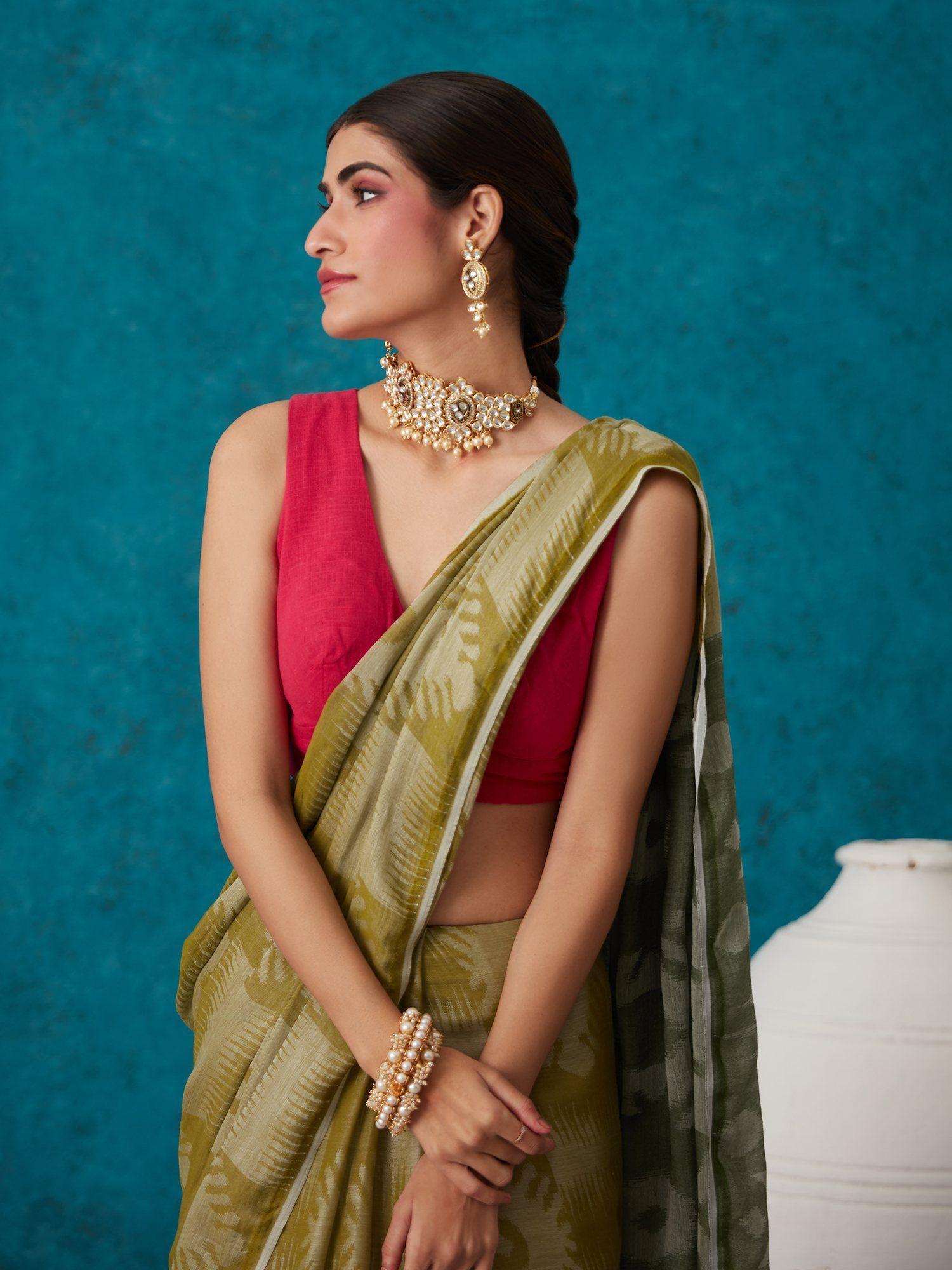 green liva jacquard textured lite saree with unstitched blouse liksar22 (free size)