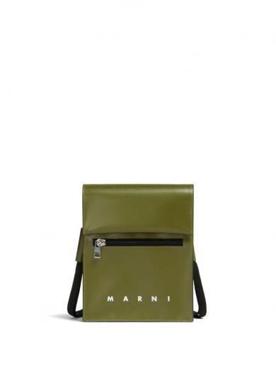 green logo leather pouch on strap