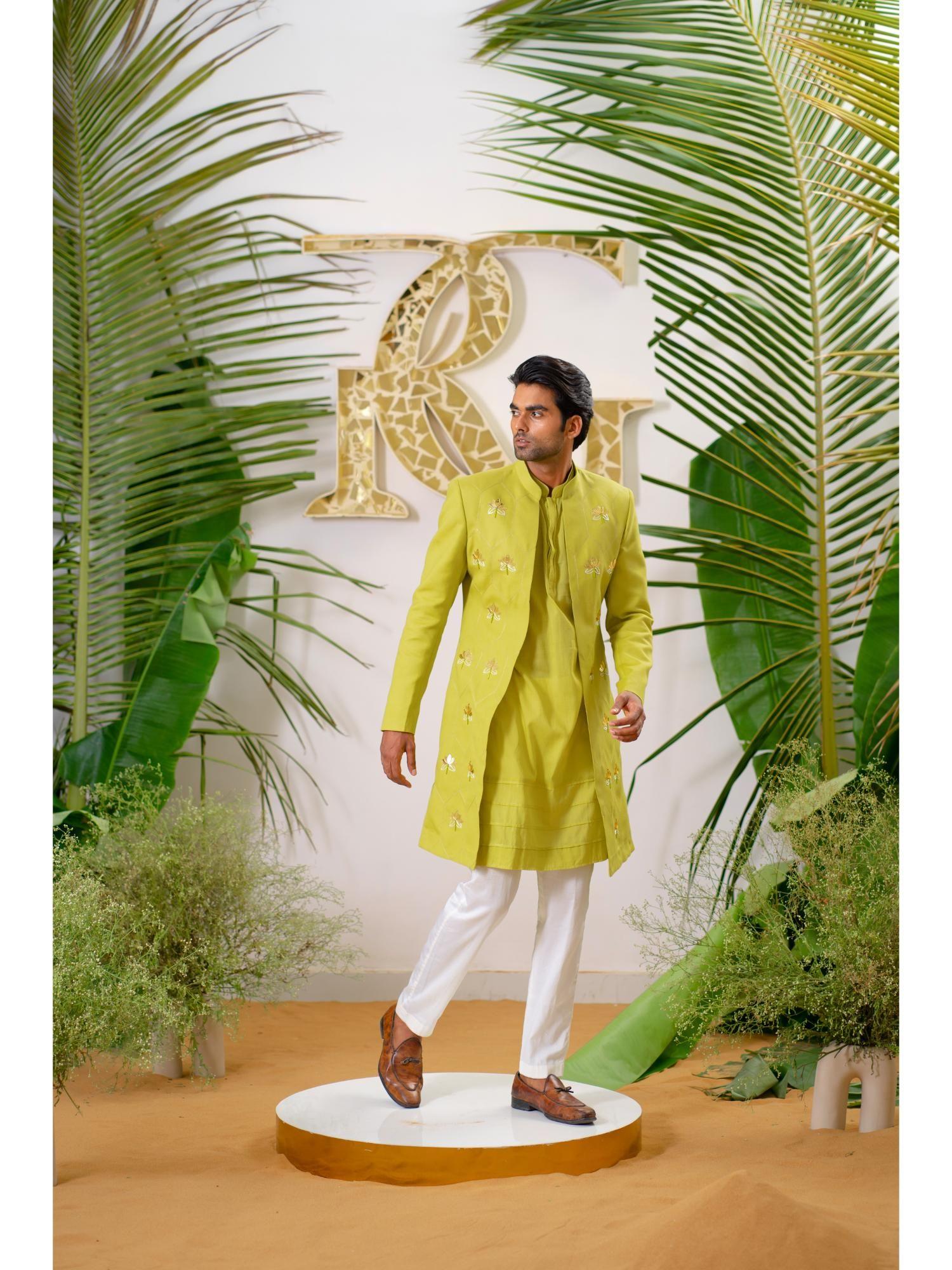 green lotus embroidered sherwani with kurta and pant (set of 3)