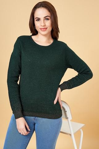 green lurex insert casual full sleeves round neck women regular fit  sweater